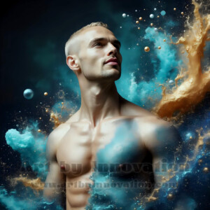 Beauty meets color in this stunning AI-generated abstract art collection. Handsome, shirtless men are enveloped from behind by vibrant, swirling translucent mists of color — inspired by the full spectrum of the rainbow, and the joyful palette of Pride. Each image combines photorealistic skin texture with surreal abstract color dynamics, creating a visual experience that is both deeply human and otherworldly. Created using AI, edited in Photoshop, by © Jeff Dupler | Art by Innovation | https://www.artbyinnovation.com