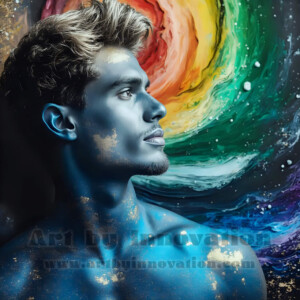 Beauty meets color in this stunning AI-generated abstract art collection. Handsome, shirtless men are enveloped from behind by vibrant, swirling translucent mists of color — inspired by the full spectrum of the rainbow, and the joyful palette of Pride. Each image combines photorealistic skin texture with surreal abstract color dynamics, creating a visual experience that is both deeply human and otherworldly. Created using AI, edited in Photoshop, by © Jeff Dupler | Art by Innovation | https://www.artbyinnovation.com