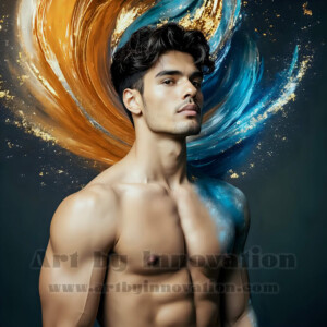 Beauty meets color in this stunning AI-generated abstract art collection. Handsome, shirtless men are enveloped from behind by vibrant, swirling translucent mists of color — inspired by the full spectrum of the rainbow, and the joyful palette of Pride. Each image combines photorealistic skin texture with surreal abstract color dynamics, creating a visual experience that is both deeply human and otherworldly. Created using AI, edited in Photoshop, by © Jeff Dupler | Art by Innovation | https://www.artbyinnovation.com