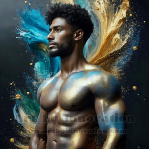 Beauty meets color in this stunning AI-generated abstract art collection. Handsome, shirtless men are enveloped from behind by vibrant, swirling translucent mists of color — inspired by the full spectrum of the rainbow, and the joyful palette of Pride. Each image combines photorealistic skin texture with surreal abstract color dynamics, creating a visual experience that is both deeply human and otherworldly. Created using AI, edited in Photoshop, by © Jeff Dupler | Art by Innovation | https://www.artbyinnovation.com