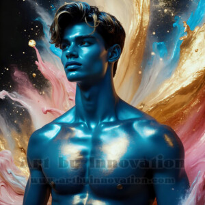 Beauty meets color in this stunning AI-generated abstract art collection. Handsome, shirtless men are enveloped from behind by vibrant, swirling translucent mists of color — inspired by the full spectrum of the rainbow, and the joyful palette of Pride. Each image combines photorealistic skin texture with surreal abstract color dynamics, creating a visual experience that is both deeply human and otherworldly. Created using AI, edited in Photoshop, by © Jeff Dupler | Art by Innovation | https://www.artbyinnovation.com