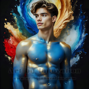 Beauty meets color in this stunning AI-generated abstract art collection. Handsome, shirtless men are enveloped from behind by vibrant, swirling translucent mists of color — inspired by the full spectrum of the rainbow, and the joyful palette of Pride. Each image combines photorealistic skin texture with surreal abstract color dynamics, creating a visual experience that is both deeply human and otherworldly. Created using AI, edited in Photoshop, by © Jeff Dupler | Art by Innovation | https://www.artbyinnovation.com