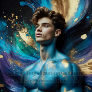 Beauty meets color in this stunning AI-generated abstract art collection. Handsome, shirtless men are enveloped from behind by vibrant, swirling translucent mists of color — inspired by the full spectrum of the rainbow, and the joyful palette of Pride. Each image combines photorealistic skin texture with surreal abstract color dynamics, creating a visual experience that is both deeply human and otherworldly. Created using AI, edited in Photoshop, by © Jeff Dupler | Art by Innovation | https://www.artbyinnovation.com