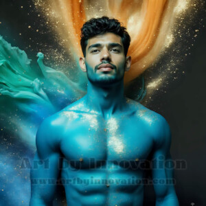 Beauty meets color in this stunning AI-generated abstract art collection. Handsome, shirtless men are enveloped from behind by vibrant, swirling translucent mists of color — inspired by the full spectrum of the rainbow, and the joyful palette of Pride. Each image combines photorealistic skin texture with surreal abstract color dynamics, creating a visual experience that is both deeply human and otherworldly. Created using AI, edited in Photoshop, by © Jeff Dupler | Art by Innovation | https://www.artbyinnovation.com