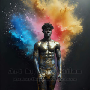 Beauty meets color in this stunning AI-generated abstract art collection. Handsome, shirtless men are enveloped from behind by vibrant, swirling translucent mists of color — inspired by the full spectrum of the rainbow, and the joyful palette of Pride. Each image combines photorealistic skin texture with surreal abstract color dynamics, creating a visual experience that is both deeply human and otherworldly. Created using AI, edited in Photoshop, by © Jeff Dupler | Art by Innovation | https://www.artbyinnovation.com