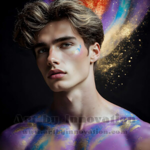 Beauty meets color in this stunning AI-generated abstract art collection. Handsome, shirtless men are enveloped from behind by vibrant, swirling translucent mists of color — inspired by the full spectrum of the rainbow, and the joyful palette of Pride. Each image combines photorealistic skin texture with surreal abstract color dynamics, creating a visual experience that is both deeply human and otherworldly. Created using AI, edited in Photoshop, by © Jeff Dupler | Art by Innovation | https://www.artbyinnovation.com