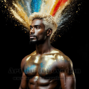 Beauty meets color in this stunning AI-generated abstract art collection. Handsome, shirtless men are enveloped from behind by vibrant, swirling translucent mists of color — inspired by the full spectrum of the rainbow, and the joyful palette of Pride. Each image combines photorealistic skin texture with surreal abstract color dynamics, creating a visual experience that is both deeply human and otherworldly. Created using AI, edited in Photoshop, by © Jeff Dupler | Art by Innovation | https://www.artbyinnovation.com