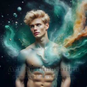 Beauty meets color in this stunning AI-generated abstract art collection. Handsome, shirtless men are enveloped from behind by vibrant, swirling translucent mists of color — inspired by the full spectrum of the rainbow, and the joyful palette of Pride. Each image combines photorealistic skin texture with surreal abstract color dynamics, creating a visual experience that is both deeply human and otherworldly. Created using AI, edited in Photoshop, by © Jeff Dupler | Art by Innovation | https://www.artbyinnovation.com