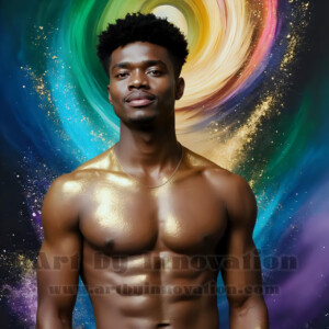 Beauty meets color in this stunning AI-generated abstract art collection. Handsome, shirtless men are enveloped from behind by vibrant, swirling translucent mists of color — inspired by the full spectrum of the rainbow, and the joyful palette of Pride. Each image combines photorealistic skin texture with surreal abstract color dynamics, creating a visual experience that is both deeply human and otherworldly. Created using AI, edited in Photoshop, by © Jeff Dupler | Art by Innovation | https://www.artbyinnovation.com