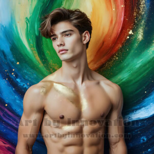 Beauty meets color in this stunning AI-generated abstract art collection. Handsome, shirtless men are enveloped from behind by vibrant, swirling translucent mists of color — inspired by the full spectrum of the rainbow, and the joyful palette of Pride. Each image combines photorealistic skin texture with surreal abstract color dynamics, creating a visual experience that is both deeply human and otherworldly. Created using AI, edited in Photoshop, by © Jeff Dupler | Art by Innovation | https://www.artbyinnovation.com