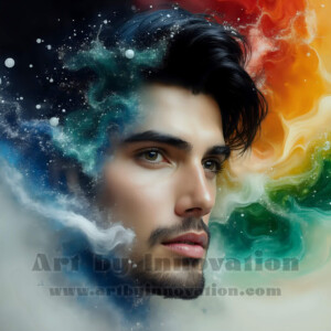 Beauty meets color in this stunning AI-generated abstract art collection. Handsome, shirtless men are enveloped from behind by vibrant, swirling translucent mists of color — inspired by the full spectrum of the rainbow, and the joyful palette of Pride. Each image combines photorealistic skin texture with surreal abstract color dynamics, creating a visual experience that is both deeply human and otherworldly. Created using AI, edited in Photoshop, by © Jeff Dupler | Art by Innovation | https://www.artbyinnovation.com