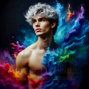 Beauty meets color in this stunning AI-generated abstract art collection. Handsome, shirtless men are enveloped from behind by vibrant, swirling translucent mists of color — inspired by the full spectrum of the rainbow, and the joyful palette of Pride. Each image combines photorealistic skin texture with surreal abstract color dynamics, creating a visual experience that is both deeply human and otherworldly. Created using AI, edited in Photoshop, by © Jeff Dupler | Art by Innovation | https://www.artbyinnovation.com