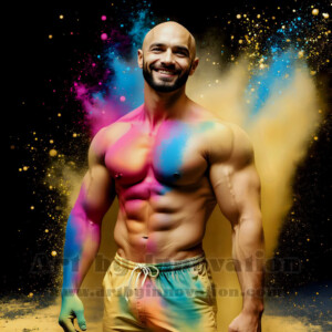 Beauty meets color in this stunning AI-generated abstract art collection. Handsome, shirtless men are enveloped from behind by vibrant, swirling translucent mists of color — inspired by the full spectrum of the rainbow, and the joyful palette of Pride. Each image combines photorealistic skin texture with surreal abstract color dynamics, creating a visual experience that is both deeply human and otherworldly. Created using AI, edited in Photoshop, by © Jeff Dupler | Art by Innovation | https://www.artbyinnovation.com