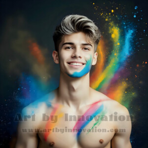 Beauty meets color in this stunning AI-generated abstract art collection. Handsome, shirtless men are enveloped from behind by vibrant, swirling translucent mists of color — inspired by the full spectrum of the rainbow, and the joyful palette of Pride. Each image combines photorealistic skin texture with surreal abstract color dynamics, creating a visual experience that is both deeply human and otherworldly. Created using AI, edited in Photoshop, by © Jeff Dupler | Art by Innovation | https://www.artbyinnovation.com