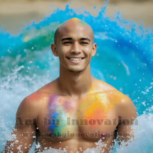 Beauty meets color in this stunning AI-generated abstract art collection. Handsome, shirtless men are enveloped from behind by vibrant, swirling translucent mists of color — inspired by the full spectrum of the rainbow, and the joyful palette of Pride. Each image combines photorealistic skin texture with surreal abstract color dynamics, creating a visual experience that is both deeply human and otherworldly. Created using AI, edited in Photoshop, by © Jeff Dupler | Art by Innovation | https://www.artbyinnovation.com