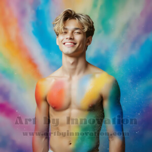 Beauty meets color in this stunning AI-generated abstract art collection. Handsome, shirtless men are enveloped from behind by vibrant, swirling translucent mists of color — inspired by the full spectrum of the rainbow, and the joyful palette of Pride. Each image combines photorealistic skin texture with surreal abstract color dynamics, creating a visual experience that is both deeply human and otherworldly. Created using AI, edited in Photoshop, by © Jeff Dupler | Art by Innovation | https://www.artbyinnovation.com
