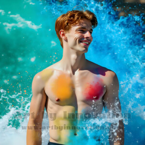 Beauty meets color in this stunning AI-generated abstract art collection. Handsome, shirtless men are enveloped from behind by vibrant, swirling translucent mists of color — inspired by the full spectrum of the rainbow, and the joyful palette of Pride. Each image combines photorealistic skin texture with surreal abstract color dynamics, creating a visual experience that is both deeply human and otherworldly. Created using AI, edited in Photoshop, by © Jeff Dupler | Art by Innovation | https://www.artbyinnovation.com