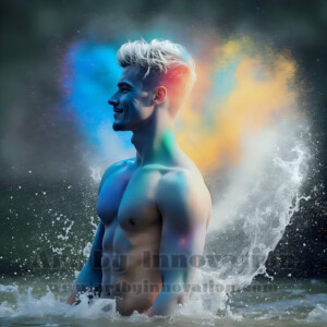 Beauty meets color in this stunning AI-generated abstract art collection. Handsome, shirtless men are enveloped from behind by vibrant, swirling translucent mists of color — inspired by the full spectrum of the rainbow, and the joyful palette of Pride. Each image combines photorealistic skin texture with surreal abstract color dynamics, creating a visual experience that is both deeply human and otherworldly. Created using AI, edited in Photoshop, by © Jeff Dupler | Art by Innovation | https://www.artbyinnovation.com