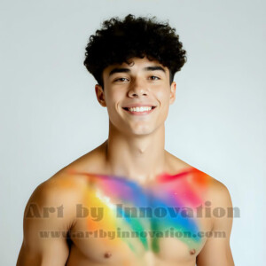 Beauty meets color in this stunning AI-generated abstract art collection. Handsome, shirtless men are enveloped from behind by vibrant, swirling translucent mists of color — inspired by the full spectrum of the rainbow, and the joyful palette of Pride. Each image combines photorealistic skin texture with surreal abstract color dynamics, creating a visual experience that is both deeply human and otherworldly. Created using AI, edited in Photoshop, by © Jeff Dupler | Art by Innovation | https://www.artbyinnovation.com