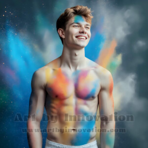 Beauty meets color in this stunning AI-generated abstract art collection. Handsome, shirtless men are enveloped from behind by vibrant, swirling translucent mists of color — inspired by the full spectrum of the rainbow, and the joyful palette of Pride. Each image combines photorealistic skin texture with surreal abstract color dynamics, creating a visual experience that is both deeply human and otherworldly. Created using AI, edited in Photoshop, by © Jeff Dupler | Art by Innovation | https://www.artbyinnovation.com