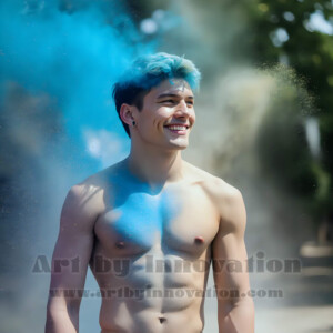 Beauty meets color in this stunning AI-generated abstract art collection. Handsome, shirtless men are enveloped from behind by vibrant, swirling translucent mists of color — inspired by the full spectrum of the rainbow, and the joyful palette of Pride. Each image combines photorealistic skin texture with surreal abstract color dynamics, creating a visual experience that is both deeply human and otherworldly. Created using AI, edited in Photoshop, by © Jeff Dupler | Art by Innovation | https://www.artbyinnovation.com