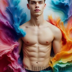 Beauty meets color in this stunning AI-generated abstract art collection. Handsome, shirtless men are enveloped from behind by vibrant, swirling translucent mists of color — inspired by the full spectrum of the rainbow, and the joyful palette of Pride. Each image combines photorealistic skin texture with surreal abstract color dynamics, creating a visual experience that is both deeply human and otherworldly. Created using AI, edited in Photoshop, by © Jeff Dupler | Art by Innovation | https://www.artbyinnovation.com