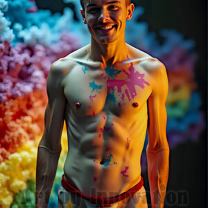 Beauty meets color in this stunning AI-generated abstract art collection. Handsome, shirtless men are enveloped from behind by vibrant, swirling translucent mists of color — inspired by the full spectrum of the rainbow, and the joyful palette of Pride. Each image combines photorealistic skin texture with surreal abstract color dynamics, creating a visual experience that is both deeply human and otherworldly. Created using AI, edited in Photoshop, by © Jeff Dupler | Art by Innovation | https://www.artbyinnovation.com