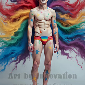 Beauty meets color in this stunning AI-generated abstract art collection. Handsome, shirtless men are enveloped from behind by vibrant, swirling translucent mists of color — inspired by the full spectrum of the rainbow, and the joyful palette of Pride. Each image combines photorealistic skin texture with surreal abstract color dynamics, creating a visual experience that is both deeply human and otherworldly. Created using AI, edited in Photoshop, by © Jeff Dupler | Art by Innovation | https://www.artbyinnovation.com