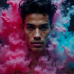 Beauty meets color in this stunning AI-generated abstract art collection. Handsome, shirtless men are enveloped from behind by vibrant, swirling translucent mists of color — inspired by the full spectrum of the rainbow, and the joyful palette of Pride. Each image combines photorealistic skin texture with surreal abstract color dynamics, creating a visual experience that is both deeply human and otherworldly. Created using AI, edited in Photoshop, by © Jeff Dupler | Art by Innovation | https://www.artbyinnovation.com