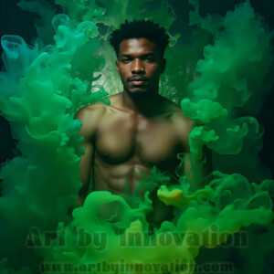 Beauty meets color in this stunning AI-generated abstract art collection. Handsome, shirtless men are enveloped from behind by vibrant, swirling translucent mists of color — inspired by the full spectrum of the rainbow, and the joyful palette of Pride. Each image combines photorealistic skin texture with surreal abstract color dynamics, creating a visual experience that is both deeply human and otherworldly. Created using AI, edited in Photoshop, by © Jeff Dupler | Art by Innovation | https://www.artbyinnovation.com
