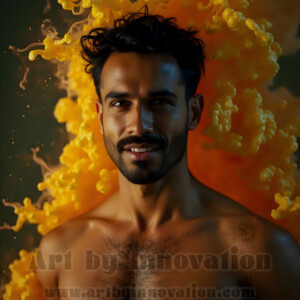 Beauty meets color in this stunning AI-generated abstract art collection. Handsome, shirtless men are enveloped from behind by vibrant, swirling translucent mists of color — inspired by the full spectrum of the rainbow, and the joyful palette of Pride. Each image combines photorealistic skin texture with surreal abstract color dynamics, creating a visual experience that is both deeply human and otherworldly. Created using AI, edited in Photoshop, by © Jeff Dupler | Art by Innovation | https://www.artbyinnovation.com