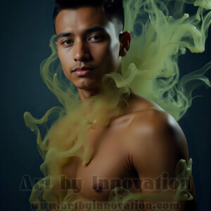 Beauty meets color in this stunning AI-generated abstract art collection. Handsome, shirtless men are enveloped from behind by vibrant, swirling translucent mists of color — inspired by the full spectrum of the rainbow, and the joyful palette of Pride. Each image combines photorealistic skin texture with surreal abstract color dynamics, creating a visual experience that is both deeply human and otherworldly. Created using AI, edited in Photoshop, by © Jeff Dupler | Art by Innovation | https://www.artbyinnovation.com