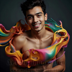 Beauty meets color in this stunning AI-generated abstract art collection. Handsome, shirtless men are enveloped from behind by vibrant, swirling translucent mists of color — inspired by the full spectrum of the rainbow, and the joyful palette of Pride. Each image combines photorealistic skin texture with surreal abstract color dynamics, creating a visual experience that is both deeply human and otherworldly. Created using AI, edited in Photoshop, by © Jeff Dupler | Art by Innovation | https://www.artbyinnovation.com