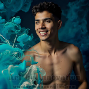 Beauty meets color in this stunning AI-generated abstract art collection. Handsome, shirtless men are enveloped from behind by vibrant, swirling translucent mists of color — inspired by the full spectrum of the rainbow, and the joyful palette of Pride. Each image combines photorealistic skin texture with surreal abstract color dynamics, creating a visual experience that is both deeply human and otherworldly. Created using AI, edited in Photoshop, by © Jeff Dupler | Art by Innovation | https://www.artbyinnovation.com