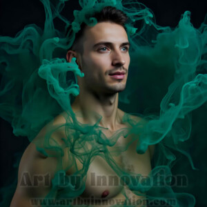 Beauty meets color in this stunning AI-generated abstract art collection. Handsome, shirtless men are enveloped from behind by vibrant, swirling translucent mists of color — inspired by the full spectrum of the rainbow, and the joyful palette of Pride. Each image combines photorealistic skin texture with surreal abstract color dynamics, creating a visual experience that is both deeply human and otherworldly. Created using AI, edited in Photoshop, by © Jeff Dupler | Art by Innovation | https://www.artbyinnovation.com