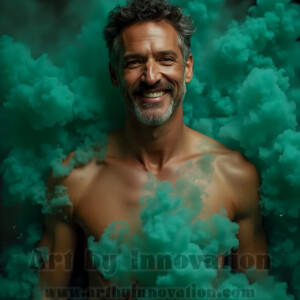 Beauty meets color in this stunning AI-generated abstract art collection. Handsome, shirtless men are enveloped from behind by vibrant, swirling translucent mists of color — inspired by the full spectrum of the rainbow, and the joyful palette of Pride. Each image combines photorealistic skin texture with surreal abstract color dynamics, creating a visual experience that is both deeply human and otherworldly. Created using AI, edited in Photoshop, by © Jeff Dupler | Art by Innovation | https://www.artbyinnovation.com