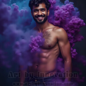 Beauty meets color in this stunning AI-generated abstract art collection. Handsome, shirtless men are enveloped from behind by vibrant, swirling translucent mists of color — inspired by the full spectrum of the rainbow, and the joyful palette of Pride. Each image combines photorealistic skin texture with surreal abstract color dynamics, creating a visual experience that is both deeply human and otherworldly. Created using AI, edited in Photoshop, by © Jeff Dupler | Art by Innovation | https://www.artbyinnovation.com