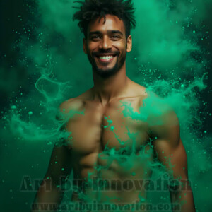 Beauty meets color in this stunning AI-generated abstract art collection. Handsome, shirtless men are enveloped from behind by vibrant, swirling translucent mists of color — inspired by the full spectrum of the rainbow, and the joyful palette of Pride. Each image combines photorealistic skin texture with surreal abstract color dynamics, creating a visual experience that is both deeply human and otherworldly. Created using AI, edited in Photoshop, by © Jeff Dupler | Art by Innovation | https://www.artbyinnovation.com