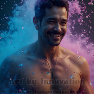 Beauty meets color in this stunning AI-generated abstract art collection. Handsome, shirtless men are enveloped from behind by vibrant, swirling translucent mists of color — inspired by the full spectrum of the rainbow, and the joyful palette of Pride. Each image combines photorealistic skin texture with surreal abstract color dynamics, creating a visual experience that is both deeply human and otherworldly. Created using AI, edited in Photoshop, by © Jeff Dupler | Art by Innovation | https://www.artbyinnovation.com