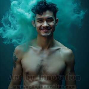 Beauty meets color in this stunning AI-generated abstract art collection. Handsome, shirtless men are enveloped from behind by vibrant, swirling translucent mists of color — inspired by the full spectrum of the rainbow, and the joyful palette of Pride. Each image combines photorealistic skin texture with surreal abstract color dynamics, creating a visual experience that is both deeply human and otherworldly. Created using AI, edited in Photoshop, by © Jeff Dupler | Art by Innovation | https://www.artbyinnovation.com