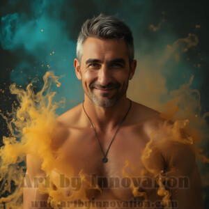 Beauty meets color in this stunning AI-generated abstract art collection. Handsome, shirtless men are enveloped from behind by vibrant, swirling translucent mists of color — inspired by the full spectrum of the rainbow, and the joyful palette of Pride. Each image combines photorealistic skin texture with surreal abstract color dynamics, creating a visual experience that is both deeply human and otherworldly. Created using AI, edited in Photoshop, by © Jeff Dupler | Art by Innovation | https://www.artbyinnovation.com