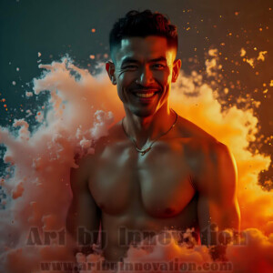 Beauty meets color in this stunning AI-generated abstract art collection. Handsome, shirtless men are enveloped from behind by vibrant, swirling translucent mists of color — inspired by the full spectrum of the rainbow, and the joyful palette of Pride. Each image combines photorealistic skin texture with surreal abstract color dynamics, creating a visual experience that is both deeply human and otherworldly. Created using AI, edited in Photoshop, by © Jeff Dupler | Art by Innovation | https://www.artbyinnovation.com