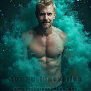 Beauty meets color in this stunning AI-generated abstract art collection. Handsome, shirtless men are enveloped from behind by vibrant, swirling translucent mists of color — inspired by the full spectrum of the rainbow, and the joyful palette of Pride. Each image combines photorealistic skin texture with surreal abstract color dynamics, creating a visual experience that is both deeply human and otherworldly. Created using AI, edited in Photoshop, by © Jeff Dupler | Art by Innovation | https://www.artbyinnovation.com
