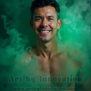 Beauty meets color in this stunning AI-generated abstract art collection. Handsome, shirtless men are enveloped from behind by vibrant, swirling translucent mists of color — inspired by the full spectrum of the rainbow, and the joyful palette of Pride. Each image combines photorealistic skin texture with surreal abstract color dynamics, creating a visual experience that is both deeply human and otherworldly. Created using AI, edited in Photoshop, by © Jeff Dupler | Art by Innovation | https://www.artbyinnovation.com