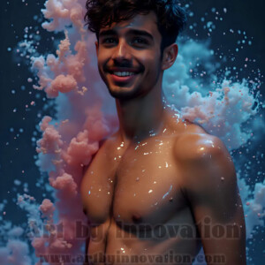 Beauty meets color in this stunning AI-generated abstract art collection. Handsome, shirtless men are enveloped from behind by vibrant, swirling translucent mists of color — inspired by the full spectrum of the rainbow, and the joyful palette of Pride. Each image combines photorealistic skin texture with surreal abstract color dynamics, creating a visual experience that is both deeply human and otherworldly. Created using AI, edited in Photoshop, by © Jeff Dupler | Art by Innovation | https://www.artbyinnovation.com