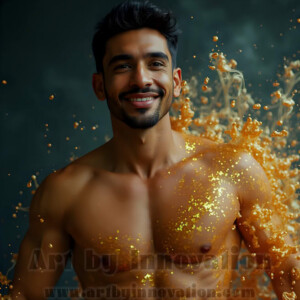 Beauty meets color in this stunning AI-generated abstract art collection. Handsome, shirtless men are enveloped from behind by vibrant, swirling translucent mists of color — inspired by the full spectrum of the rainbow, and the joyful palette of Pride. Each image combines photorealistic skin texture with surreal abstract color dynamics, creating a visual experience that is both deeply human and otherworldly. Created using AI, edited in Photoshop, by © Jeff Dupler | Art by Innovation | https://www.artbyinnovation.com