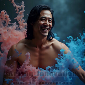 Beauty meets color in this stunning AI-generated abstract art collection. Handsome, shirtless men are enveloped from behind by vibrant, swirling translucent mists of color — inspired by the full spectrum of the rainbow, and the joyful palette of Pride. Each image combines photorealistic skin texture with surreal abstract color dynamics, creating a visual experience that is both deeply human and otherworldly. Created using AI, edited in Photoshop, by © Jeff Dupler | Art by Innovation | https://www.artbyinnovation.com