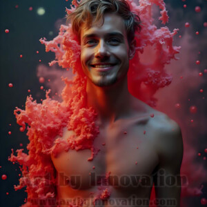 Beauty meets color in this stunning AI-generated abstract art collection. Handsome, shirtless men are enveloped from behind by vibrant, swirling translucent mists of color — inspired by the full spectrum of the rainbow, and the joyful palette of Pride. Each image combines photorealistic skin texture with surreal abstract color dynamics, creating a visual experience that is both deeply human and otherworldly. Created using AI, edited in Photoshop, by © Jeff Dupler | Art by Innovation | https://www.artbyinnovation.com