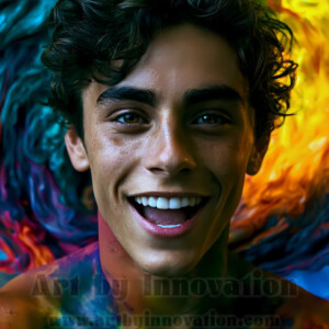 Beauty meets color in this stunning AI-generated abstract art collection. Handsome, shirtless men are enveloped from behind by vibrant, swirling translucent mists of color — inspired by the full spectrum of the rainbow, and the joyful palette of Pride. Each image combines photorealistic skin texture with surreal abstract color dynamics, creating a visual experience that is both deeply human and otherworldly. Created using AI, edited in Photoshop, by © Jeff Dupler | Art by Innovation | https://www.artbyinnovation.com