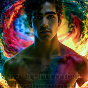 Beauty meets color in this stunning AI-generated abstract art collection. Handsome, shirtless men are enveloped from behind by vibrant, swirling translucent mists of color — inspired by the full spectrum of the rainbow, and the joyful palette of Pride. Each image combines photorealistic skin texture with surreal abstract color dynamics, creating a visual experience that is both deeply human and otherworldly. Created using AI, edited in Photoshop, by © Jeff Dupler | Art by Innovation | https://www.artbyinnovation.com